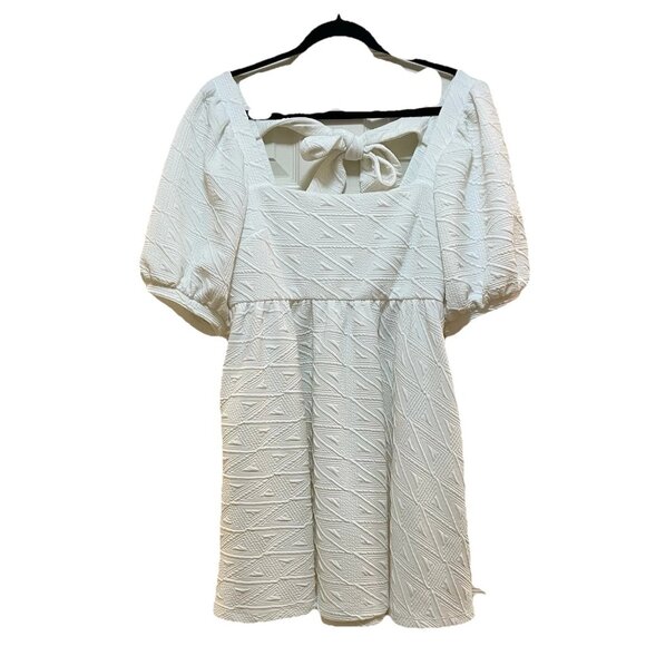 FREE PEOPLE White Square Neckline Tie Back Puff Sleeve "Violet" Minidress Sz L - Picture 7 of 13